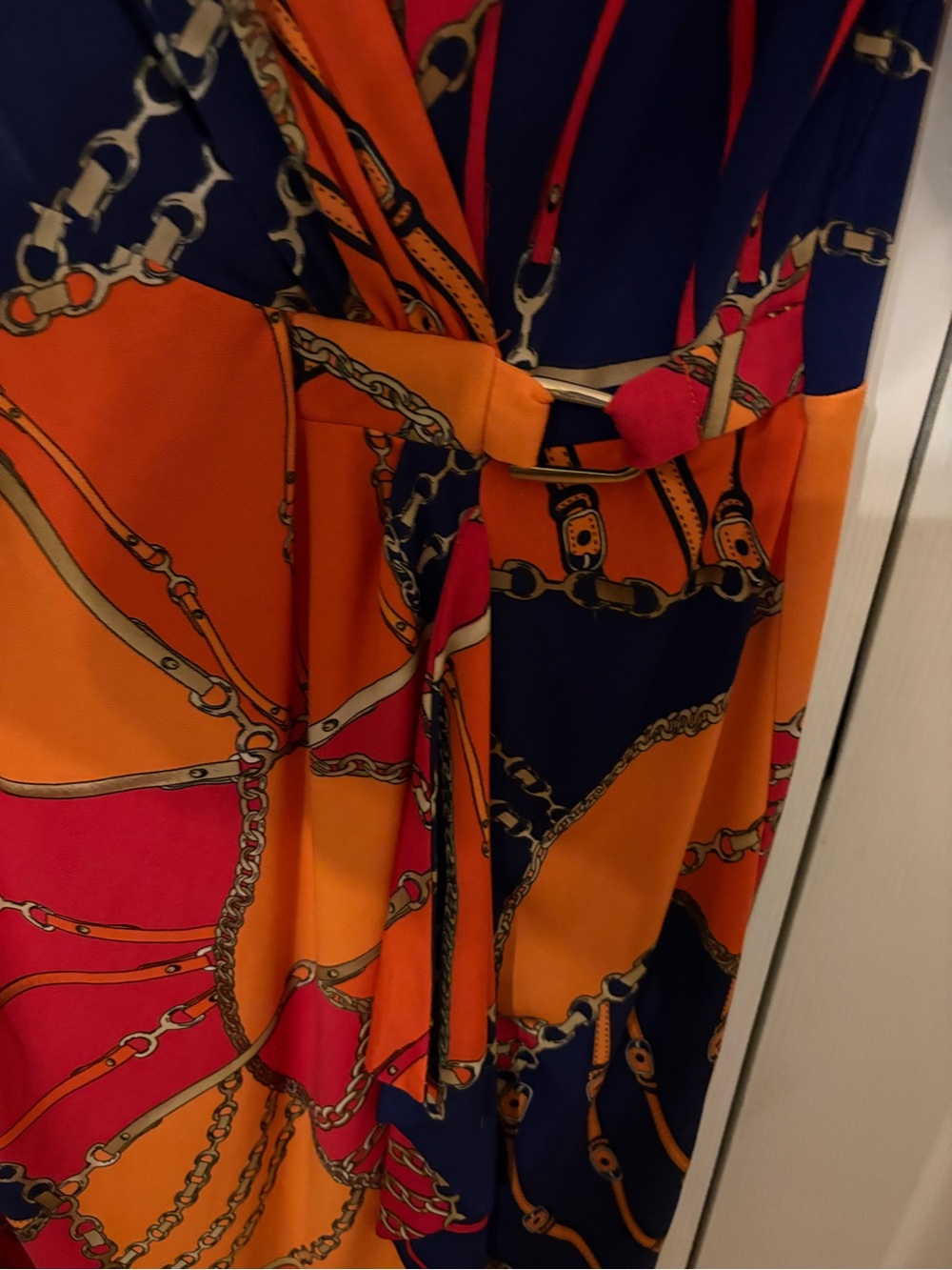 Rabbit Rabbit Rabbit Colorblock Chain-Print Wrap Dress in Orange, Navy & Red - Picture 2 of 5